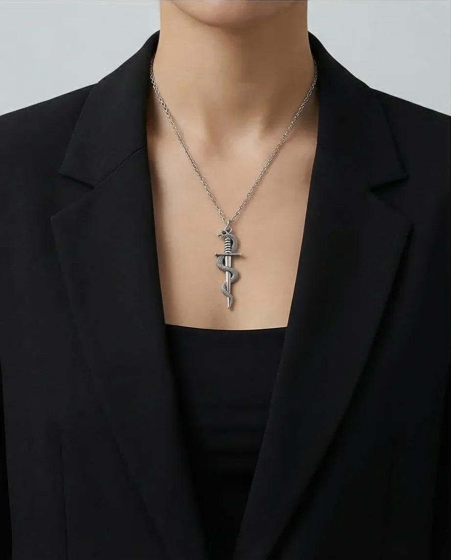 The Serpentine Blade: Antique Silver Guardian Necklace