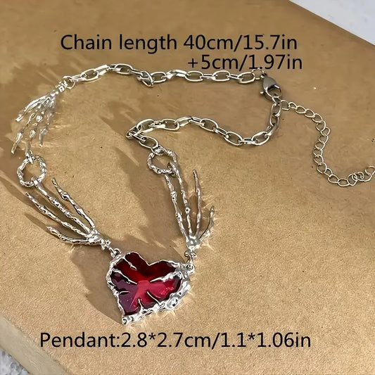 Skeleton Hands Heart Necklace – Gothic Red Crystal Pendant