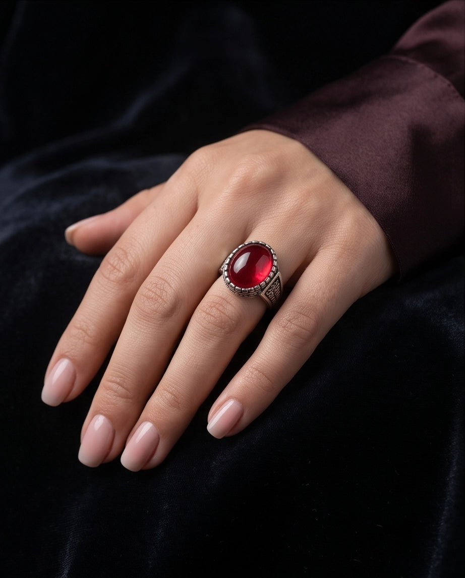 Ruby Cabochon Beaded Bezel Floral Silver Ring