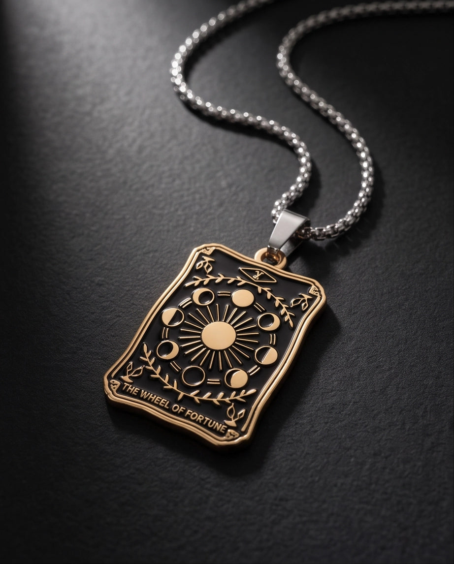 Gold "The Wheel of Fortune" Tarot Card Pendant Necklace
