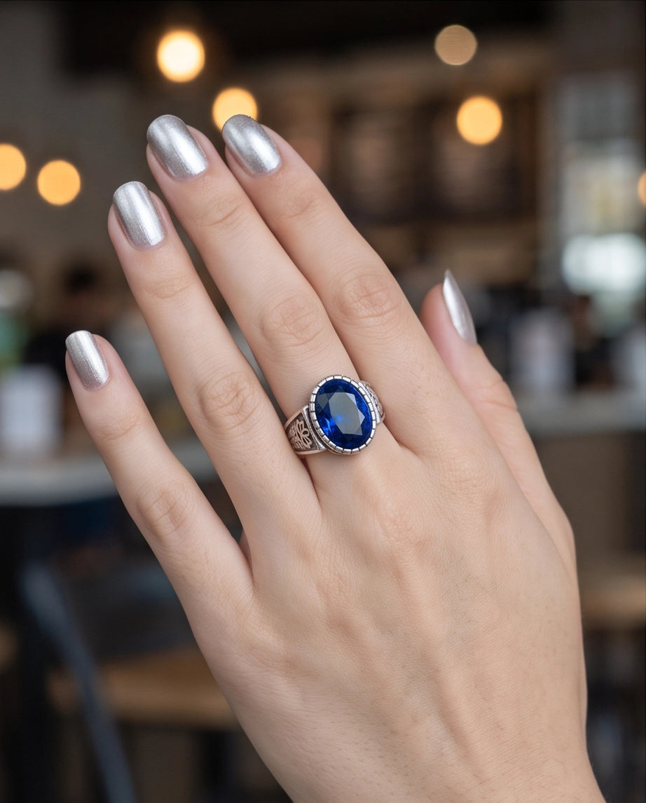 Sapphire Gemstone Notched Bezel Floral Scale Silver Ring
