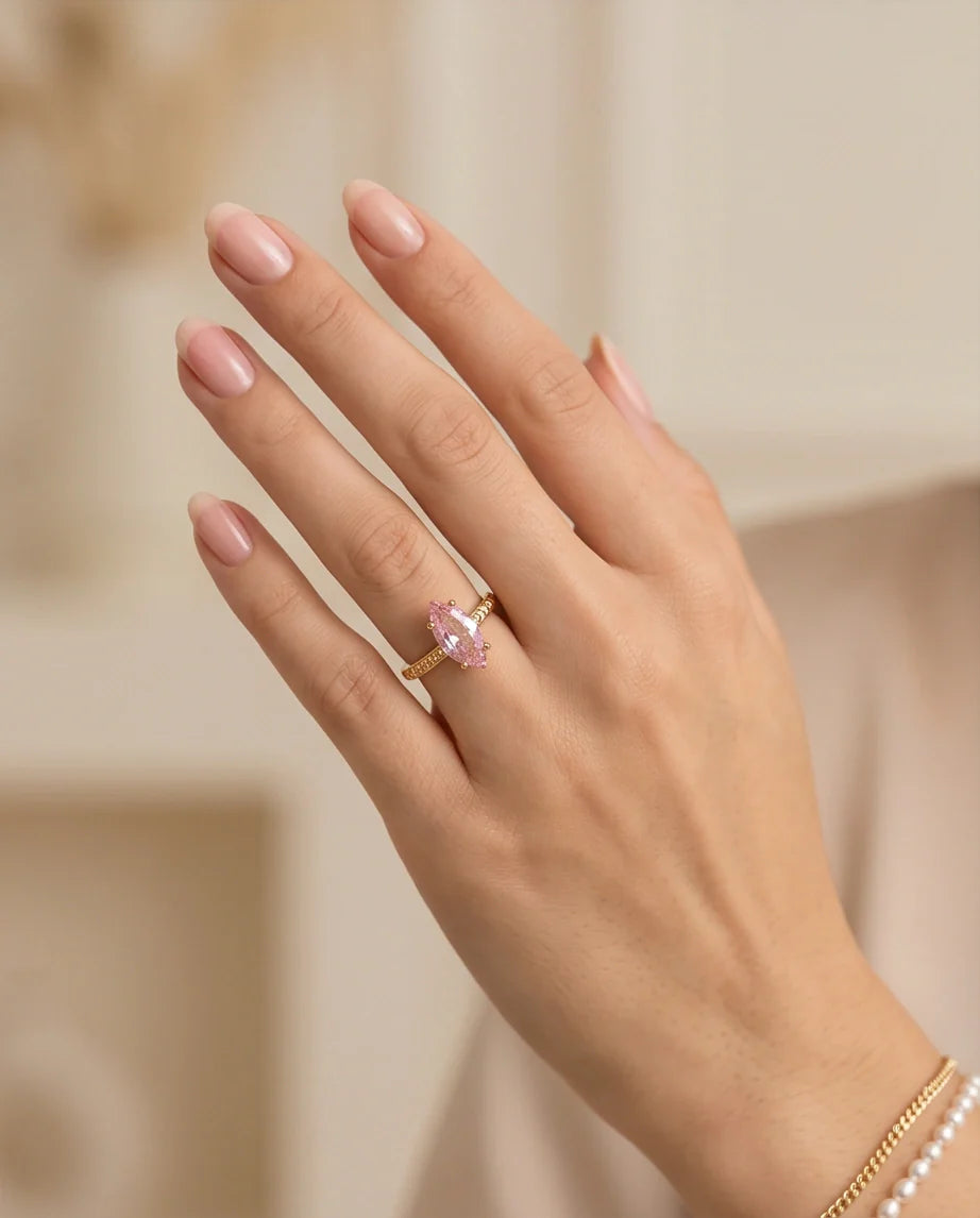 Vintage Gold Marquise Pink Tourmaline Milgrain Ring
