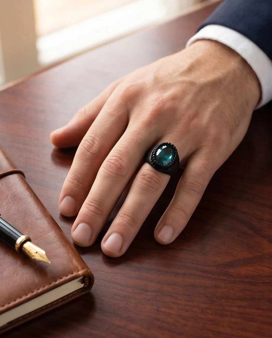 Matte Black Oval Teal Tourmaline Signet Ring