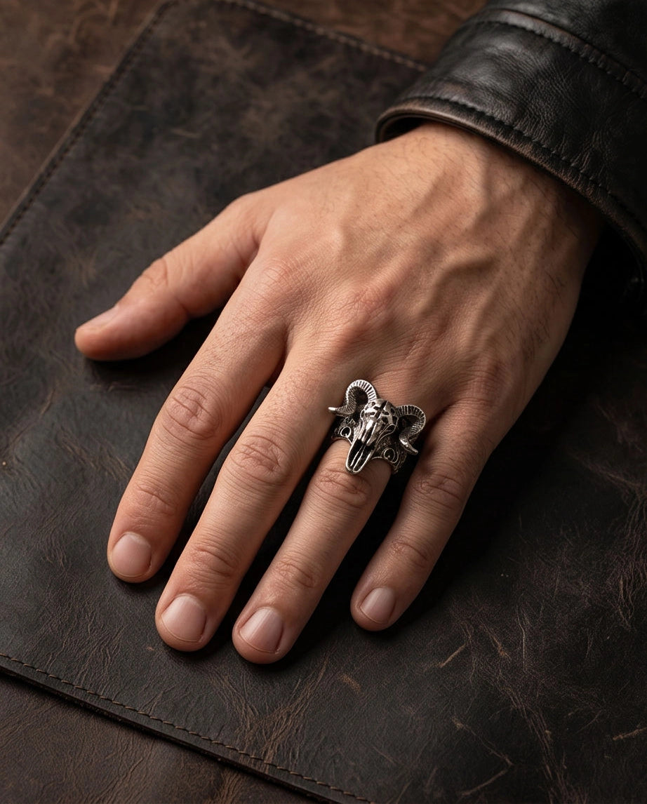 Oxidized Silver Ram Skull Sculpted Ring