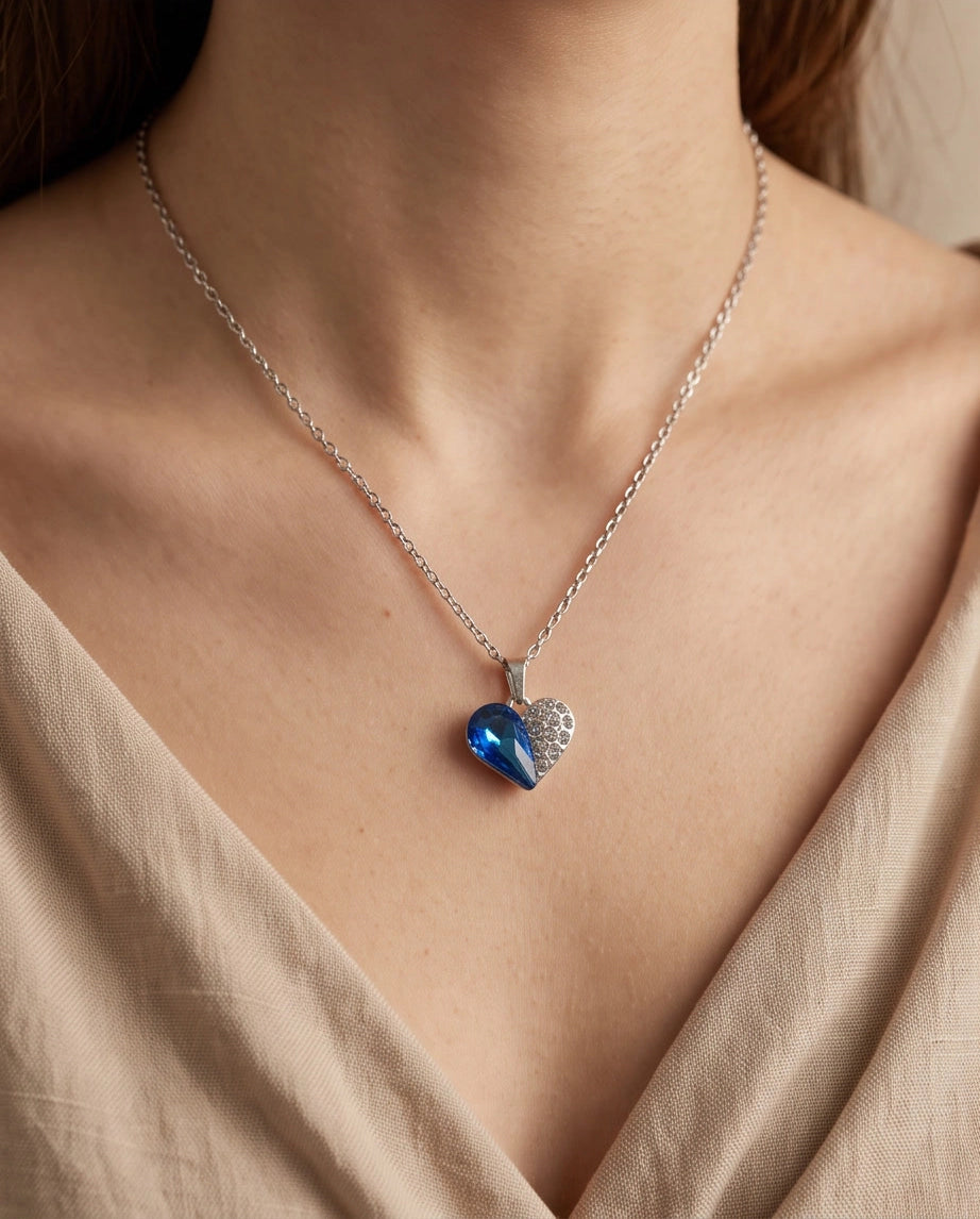 Silver Sapphire Heart Pavé Pendant Necklace