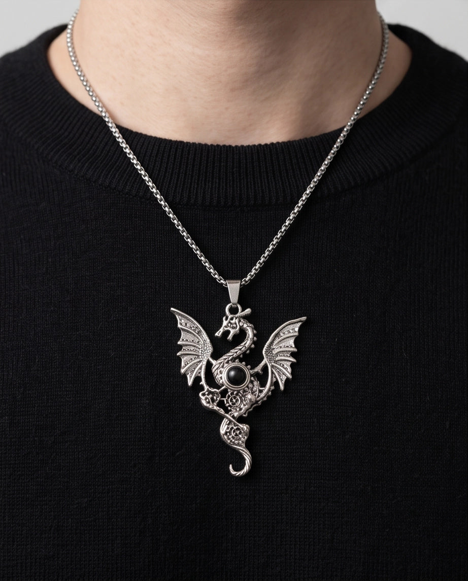 Silver Black Gemstone Dragon Pendant Necklace