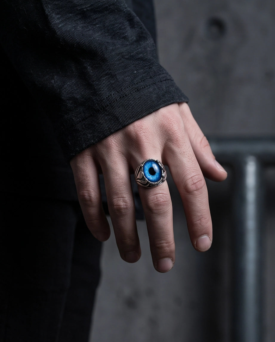 Sapphire Blue Evil Eye Cabochon Prong-Set Silver Ring