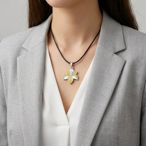Elegant Pastel Yellow and White Lily Enamel Pendant Necklace