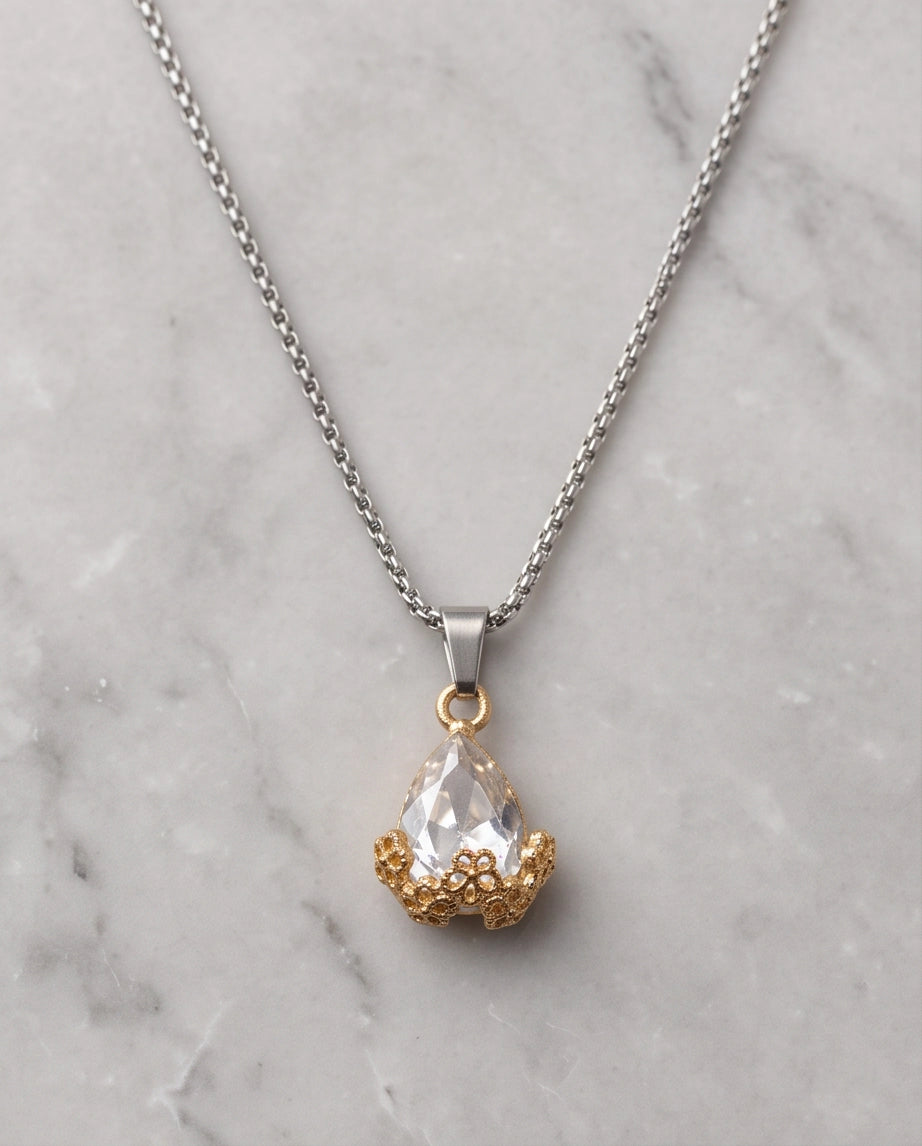 Gold Clear Teardrop Floral Basket Pendant Necklace