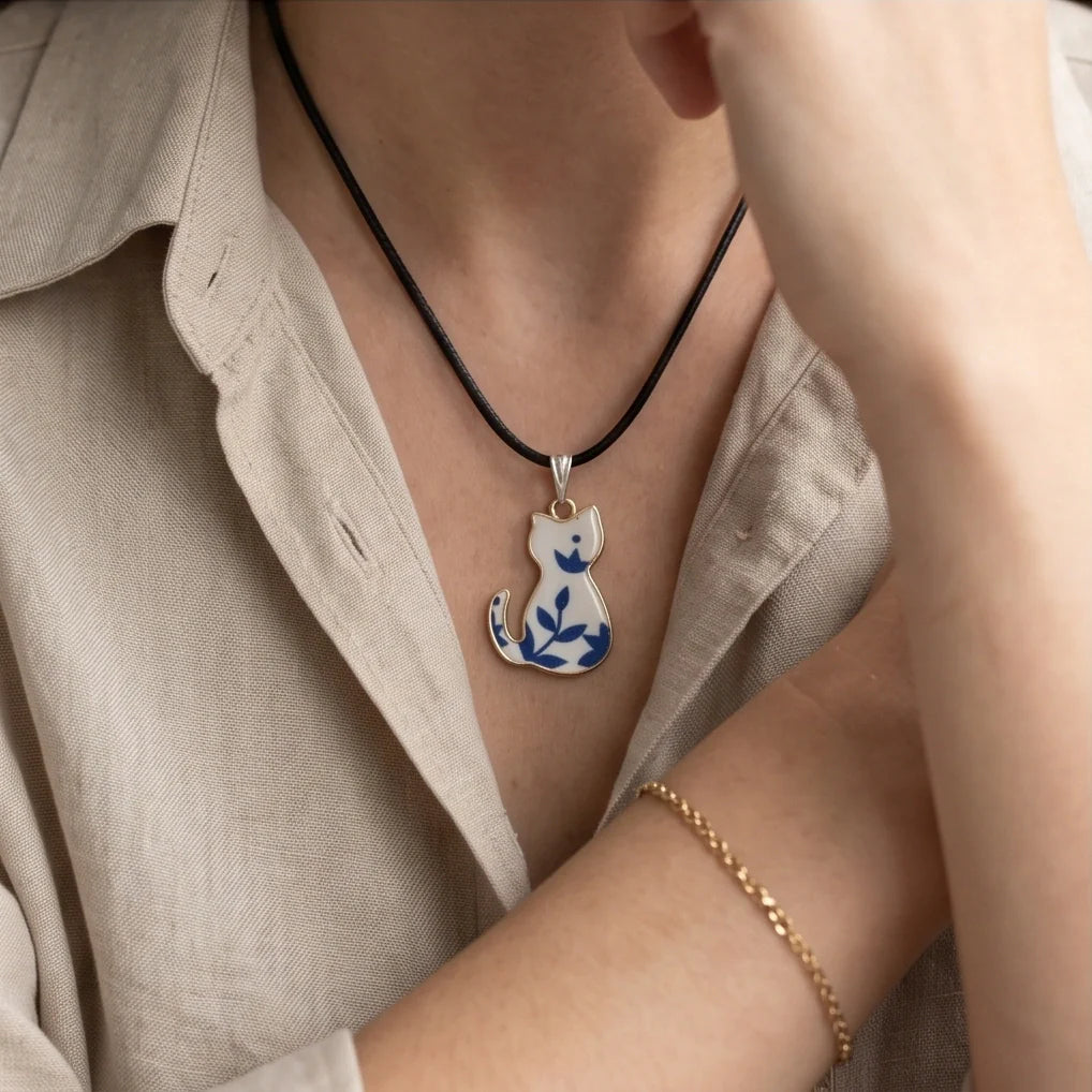 Artistic Blue Porcelain Feline Silhouette Pendant Necklace