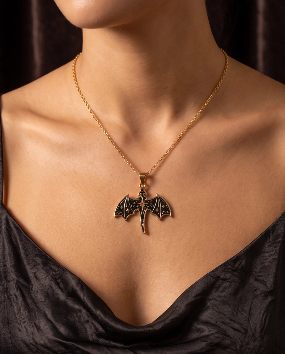 Gold Celestial Bat Enamel Pendant Necklace