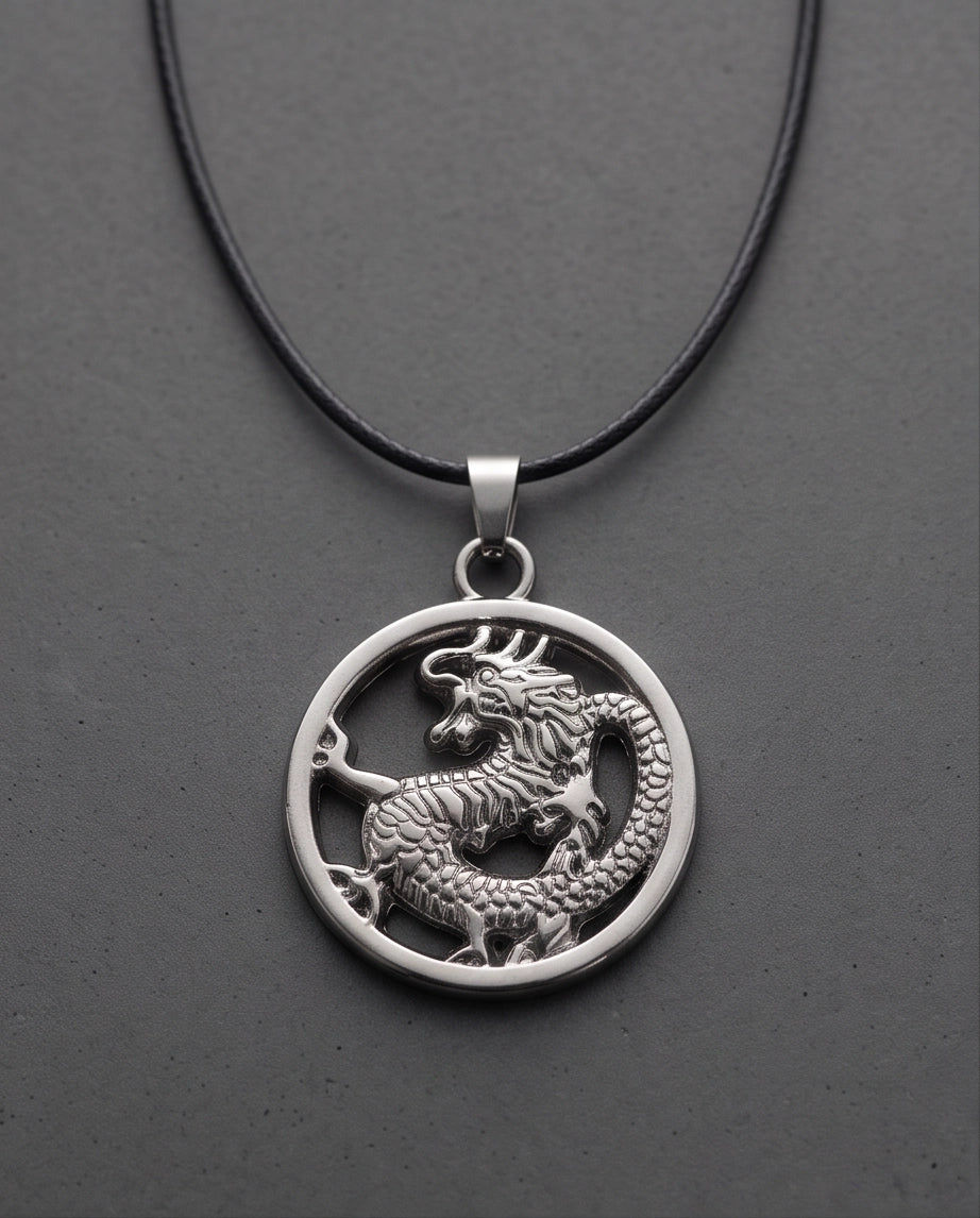 Silver Circular Dragon Medallion Pendant Necklace