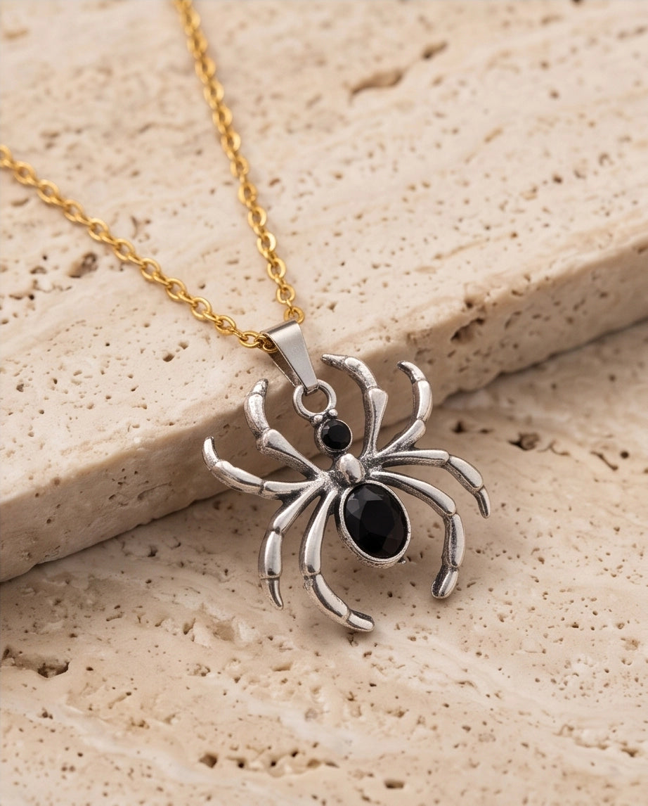 Silver Black Gemstone Spider Pendant Necklace