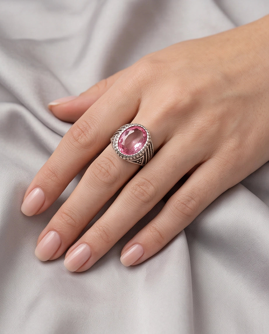 Rose Gemstone Beaded Scale Silver Ring