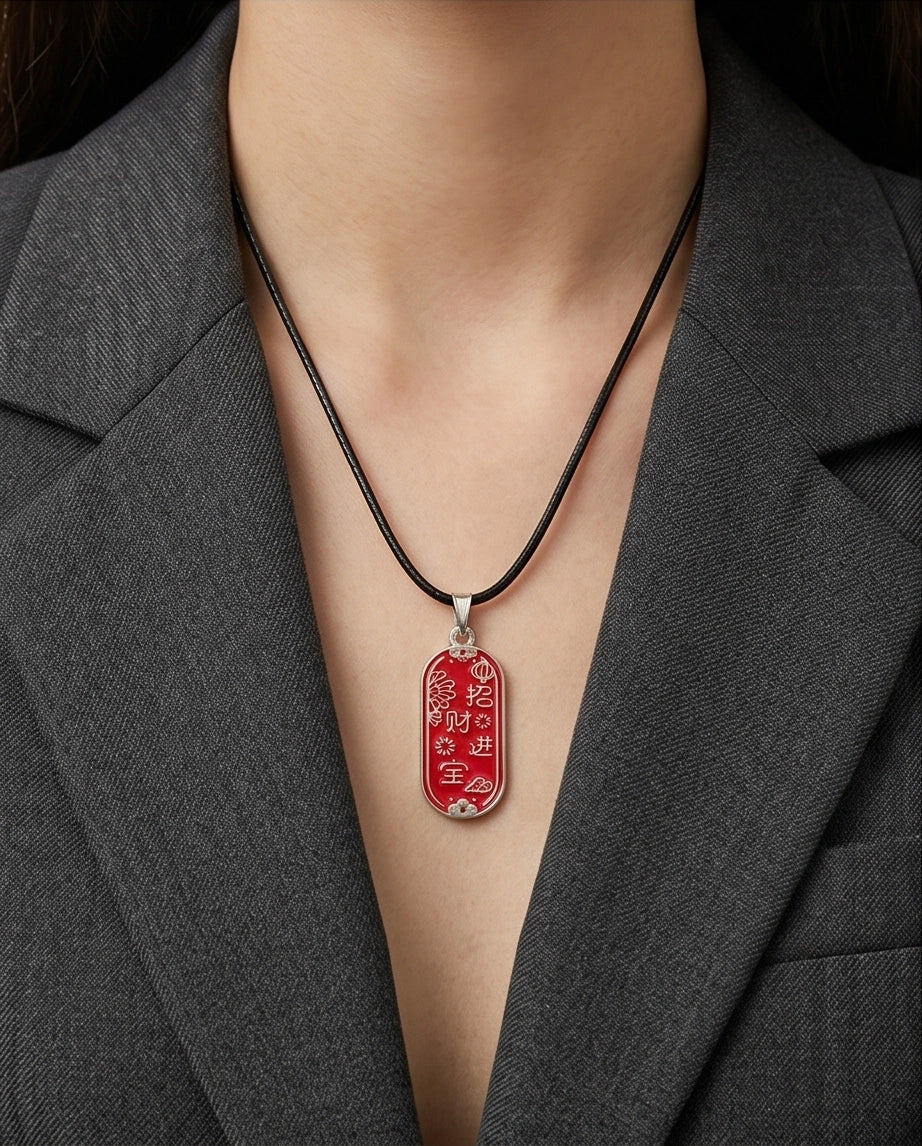 Traditional Red Oval "Zhao Cai Jin Bao" Talisman Pendant Necklace