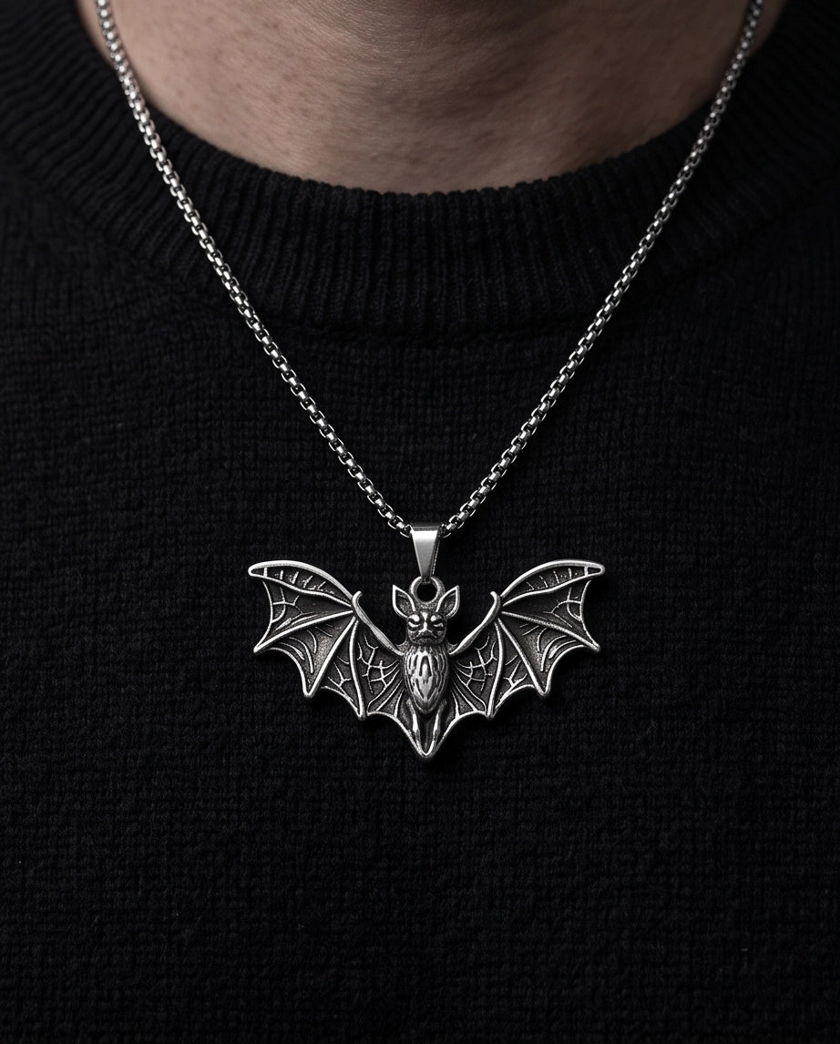 Silver Oxidized Flying Bat Pendant Necklace