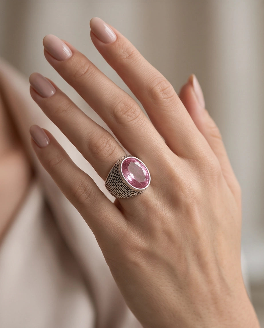 Rose Pink Oval-Cut Gemsonde Brick-Link Silver Ring
