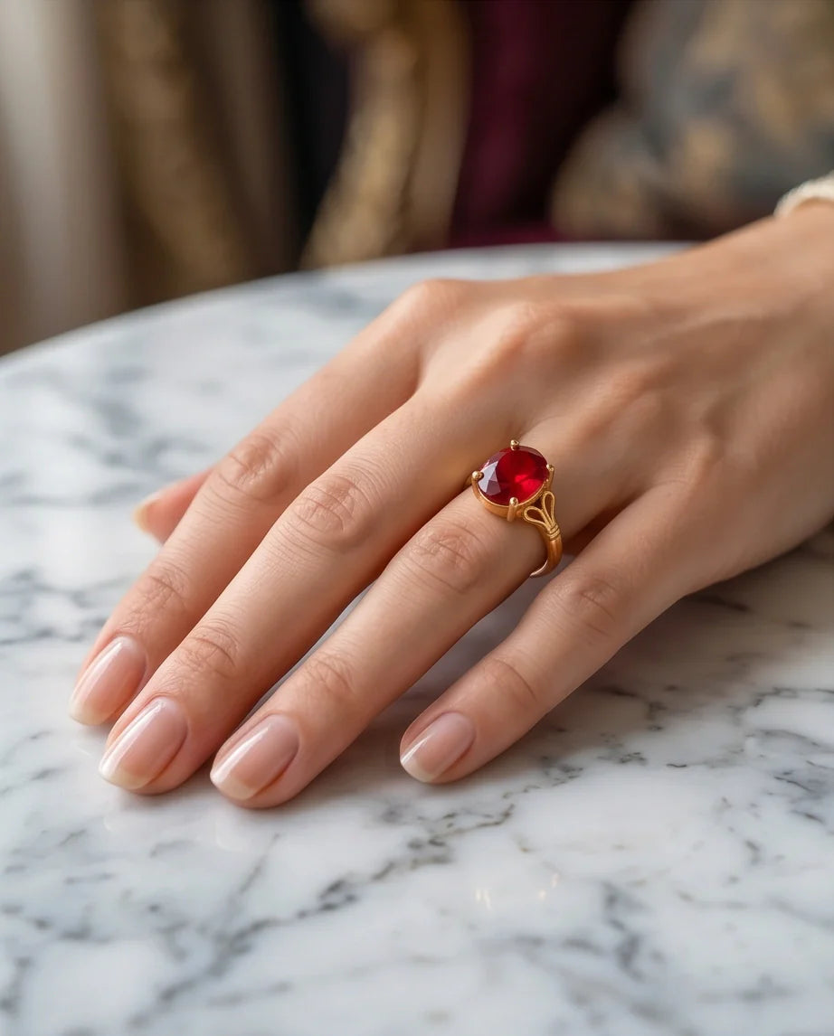 Gold Plated Crimson Ruby Oval Filigree Ring