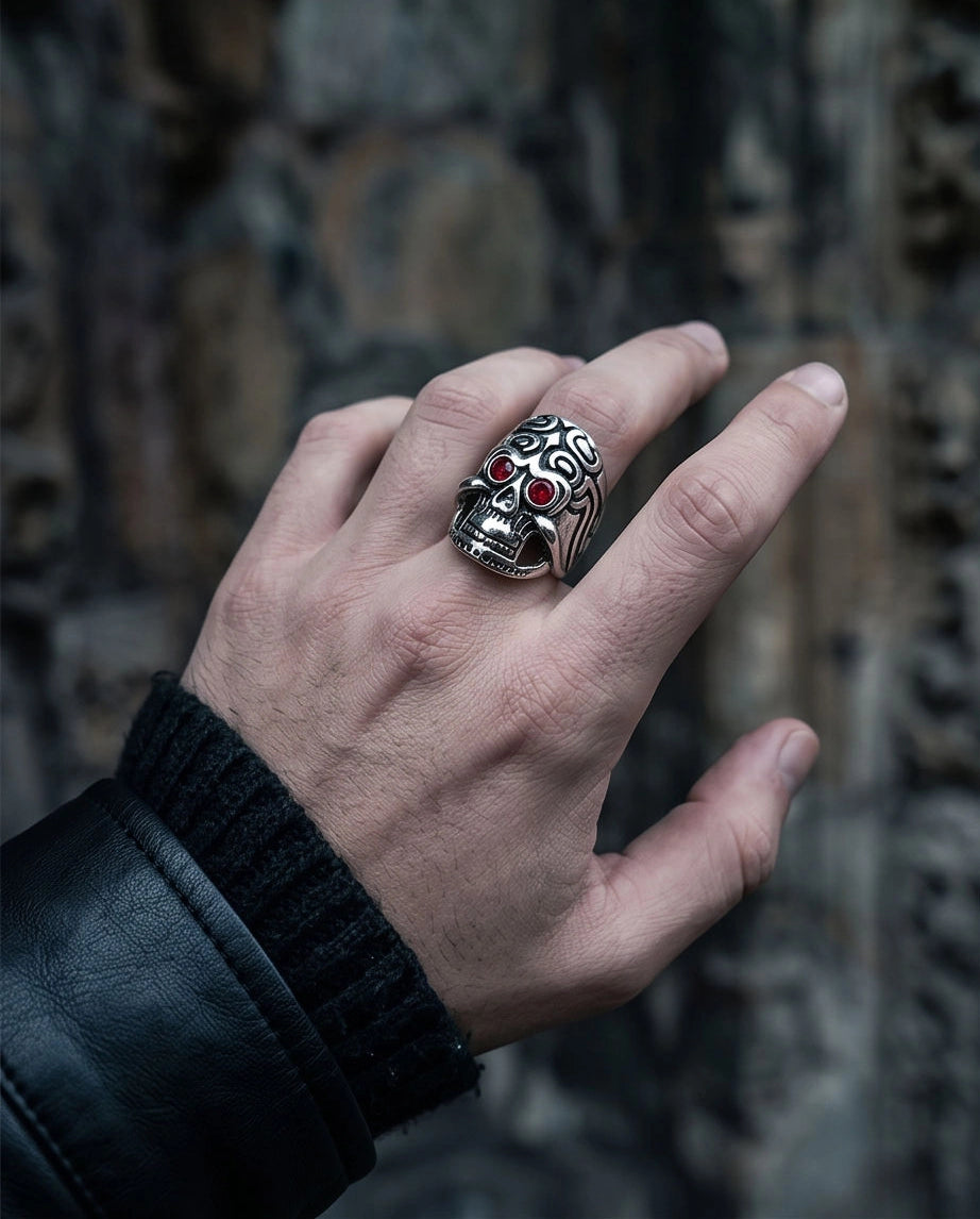 Crimson-Eyed Tribal Ornament Skull Ring