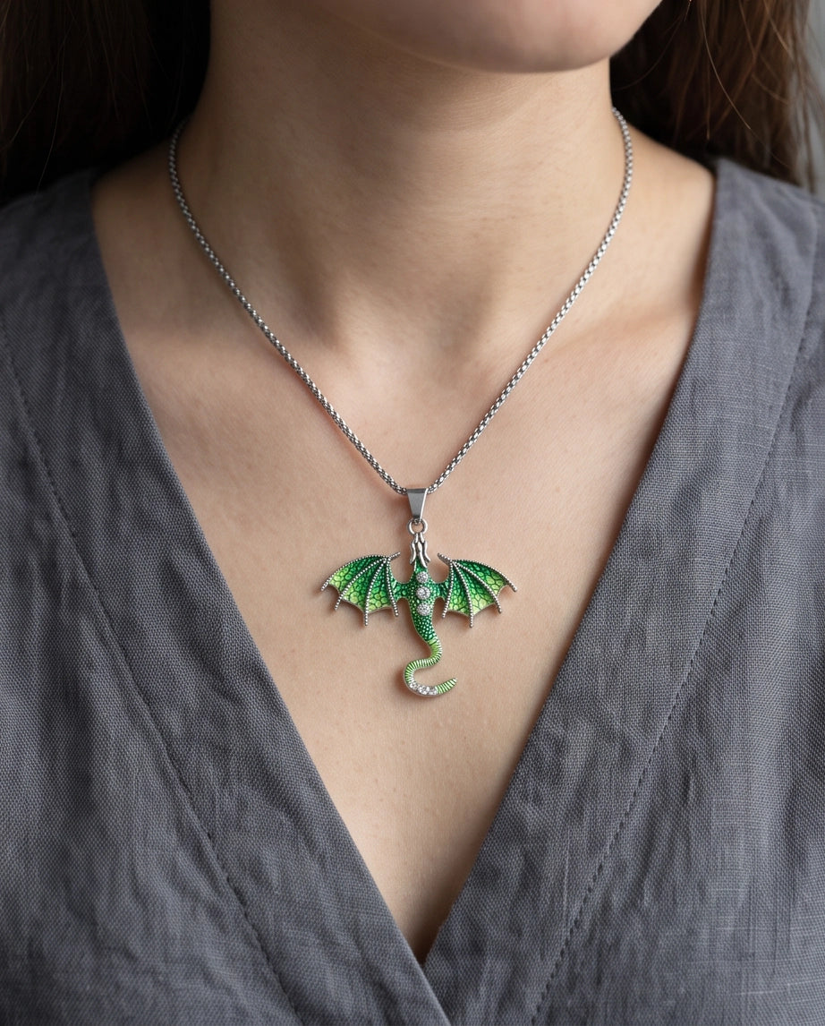Silver Green Enamel Dragon Wyvern Pendant Necklace