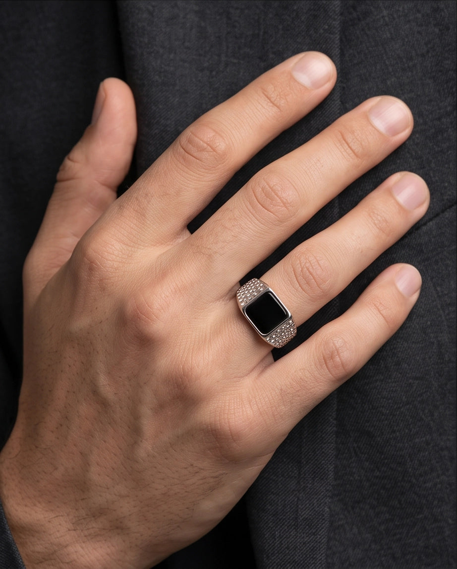 Onyx-Style Square Inlay Brick-Link Band Silver Ring