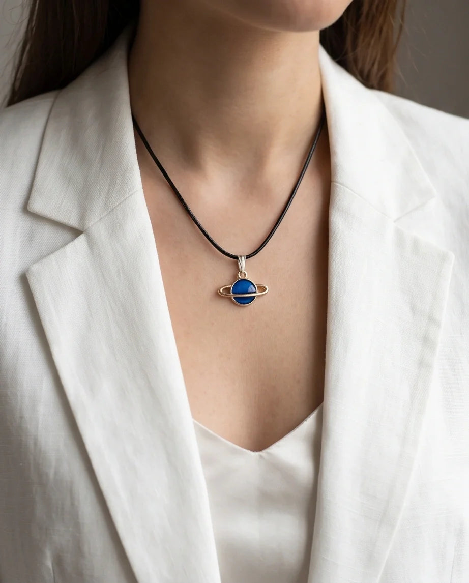 Vibrant Blue Saturn Planet Pendant