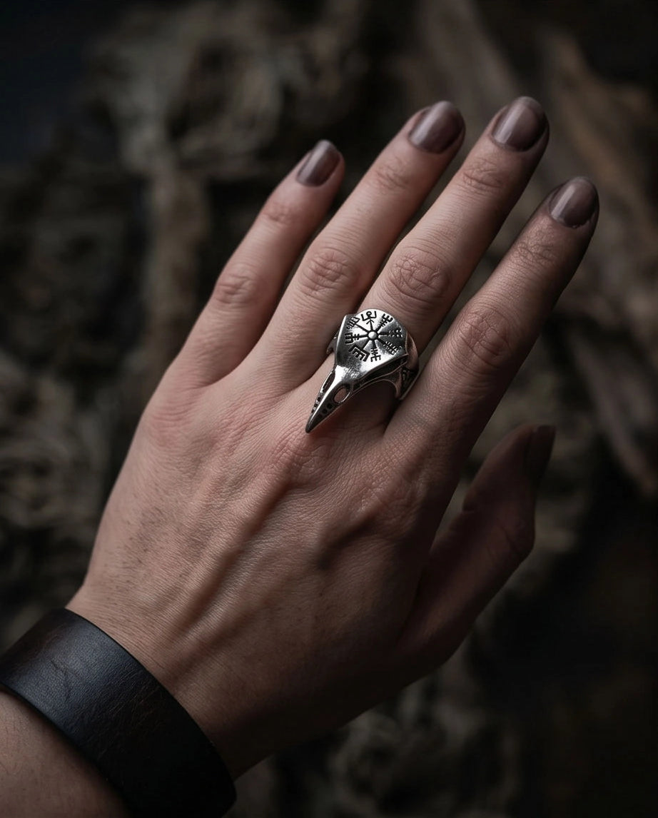 Oxidized Silver Raven Skull Vegvisir Ring