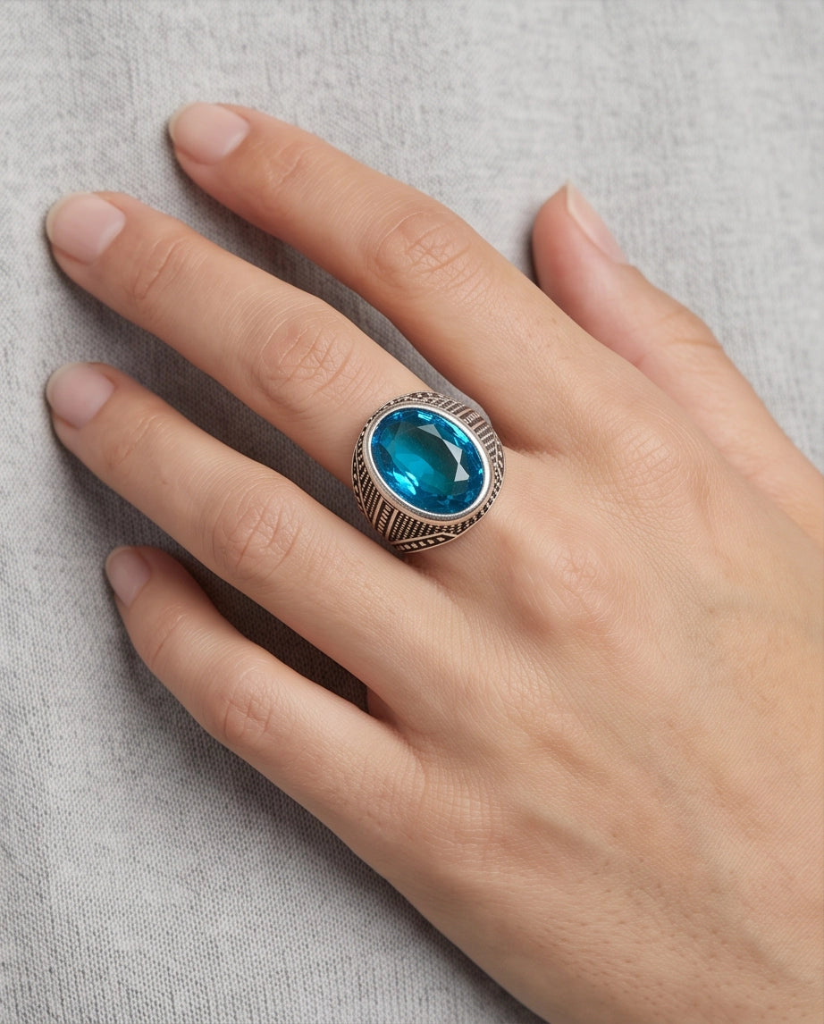 Aquamarine Gemstone Beaded Surround Chevron Stippled Silver Ring