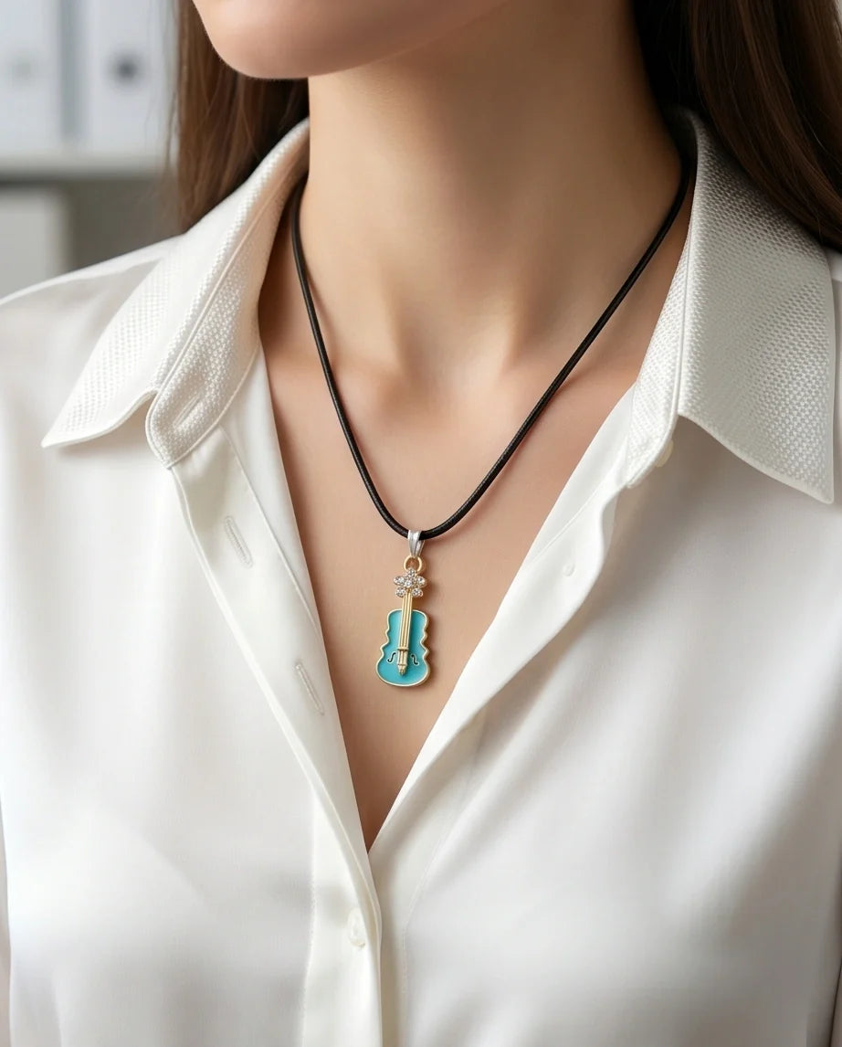 Gold and Turquoise Enamel Violin Necklace