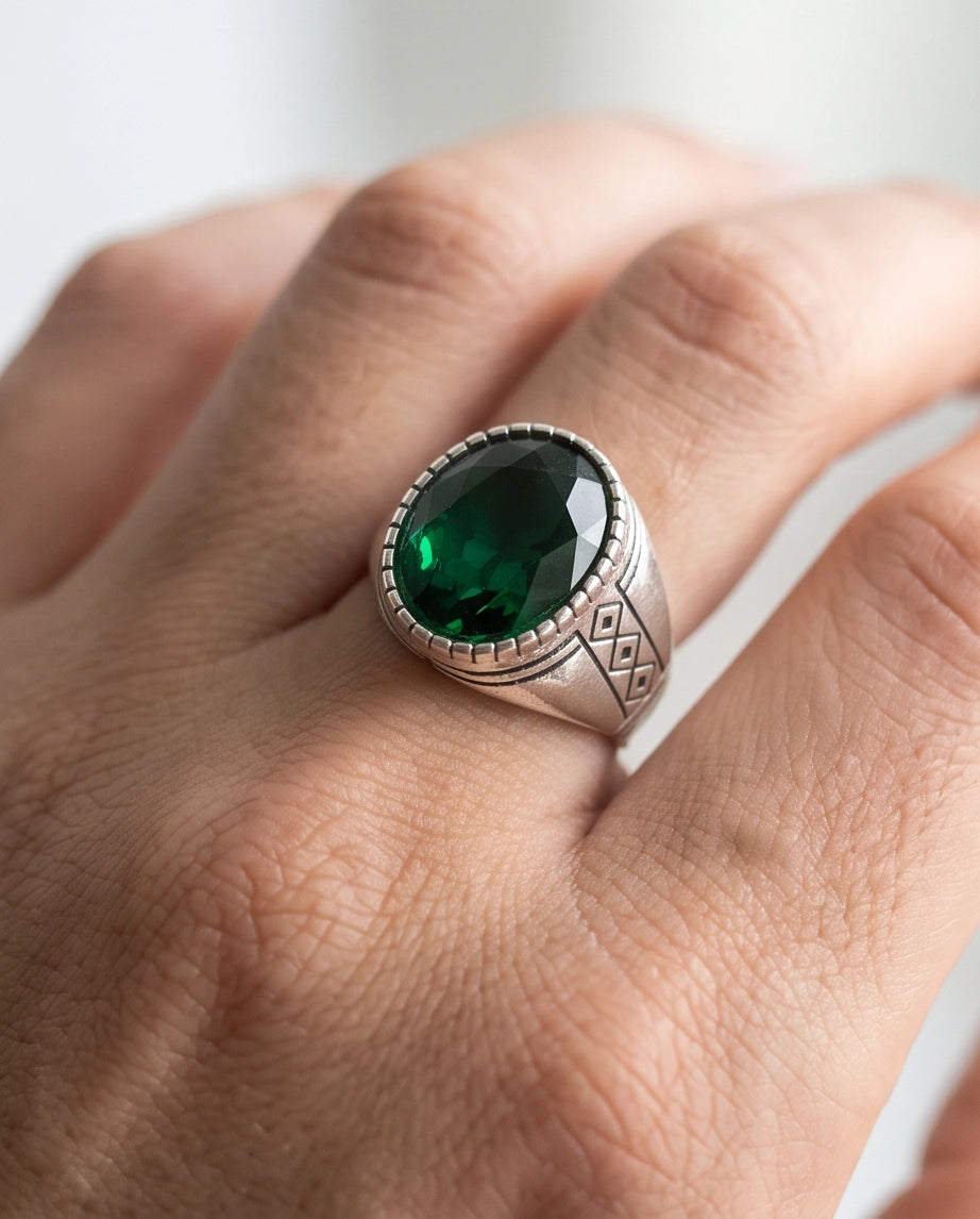 Emerald Gemstone Notched Bezel Geometric Diamond Silver Ring