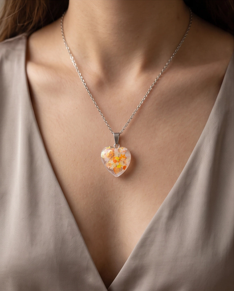 Silver Peach Orange Glitter Heart Resin Pendant Necklace