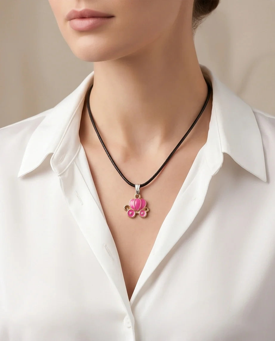 Pink Cinderella Pumpkin Carriage Enamel Pendant Necklace