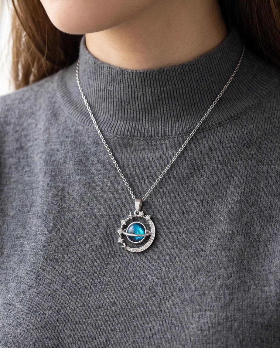 Silver Cosmic Galaxy Planet Crescent Pendant Necklace