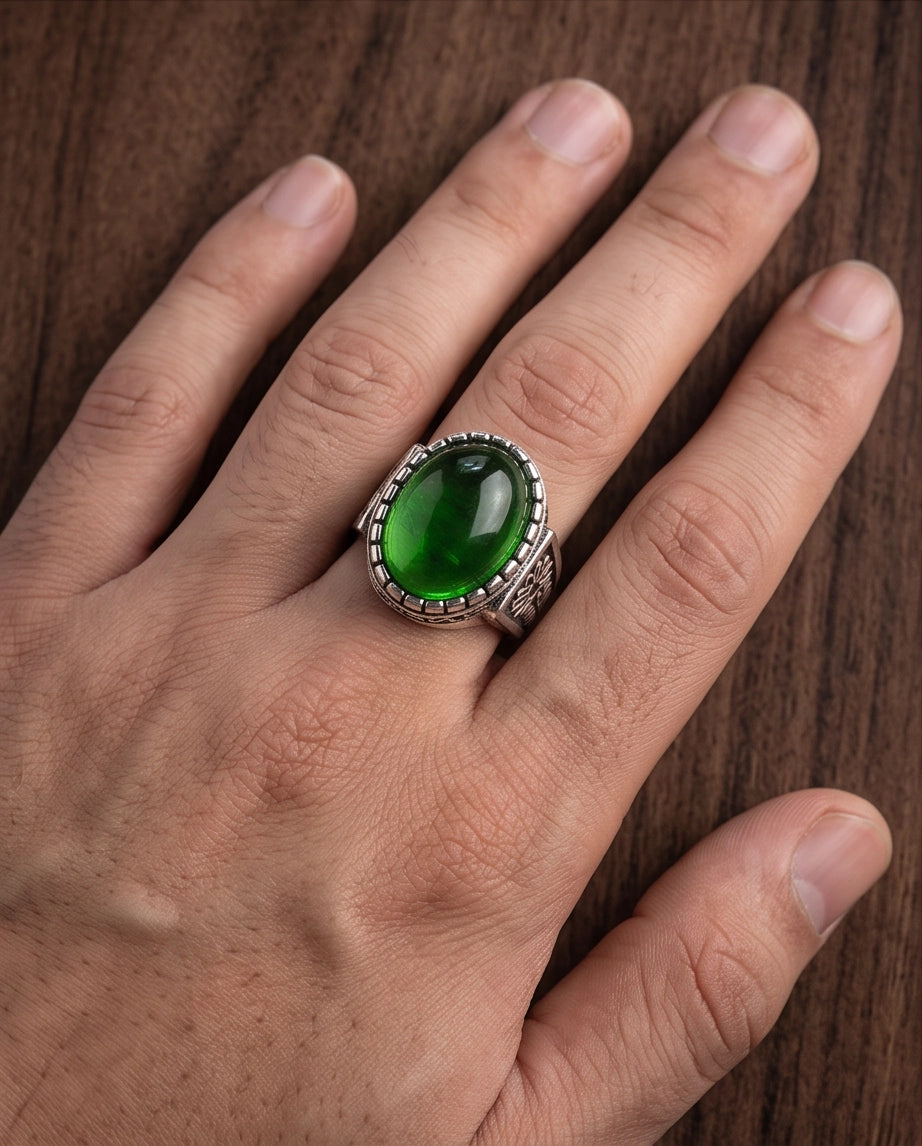 Emerald Cabochon Beaded Bezel Floral Silver Ring