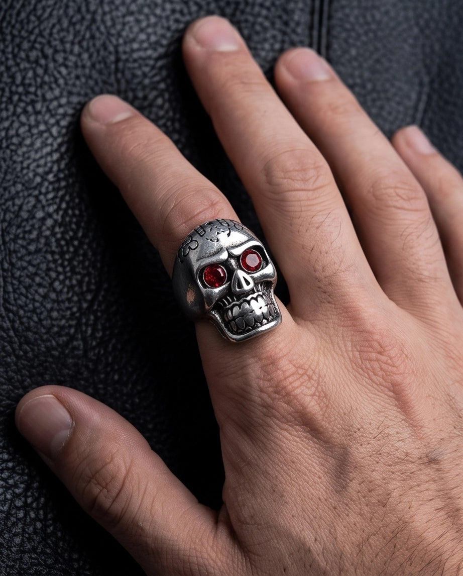 Red-Eyed Carved Crown Skull Ring