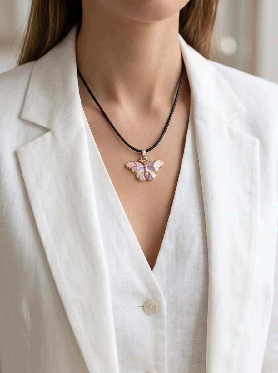 Pink & Lavender Enamel Butterfly Pendant Necklace
