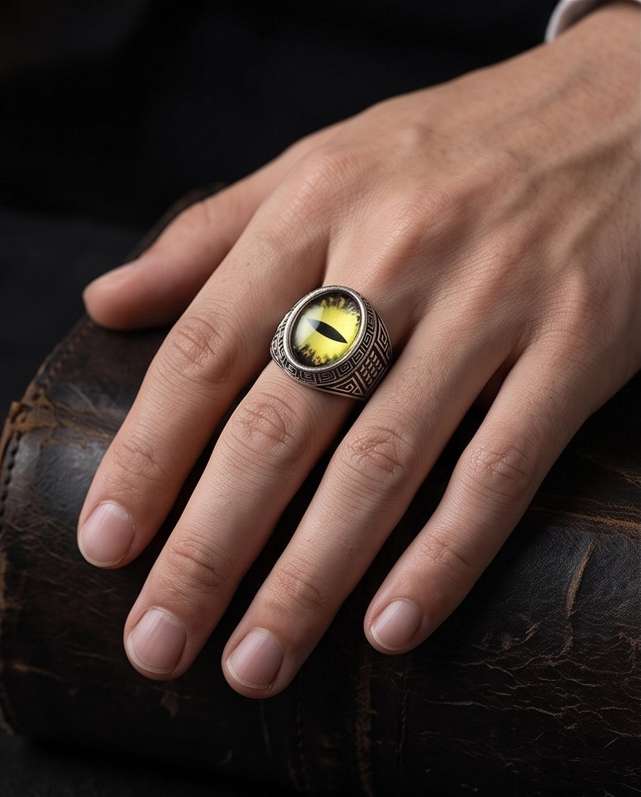 Golden-Yellow Slit-Pupil Dragon-Eye Greek Key Silver Ring