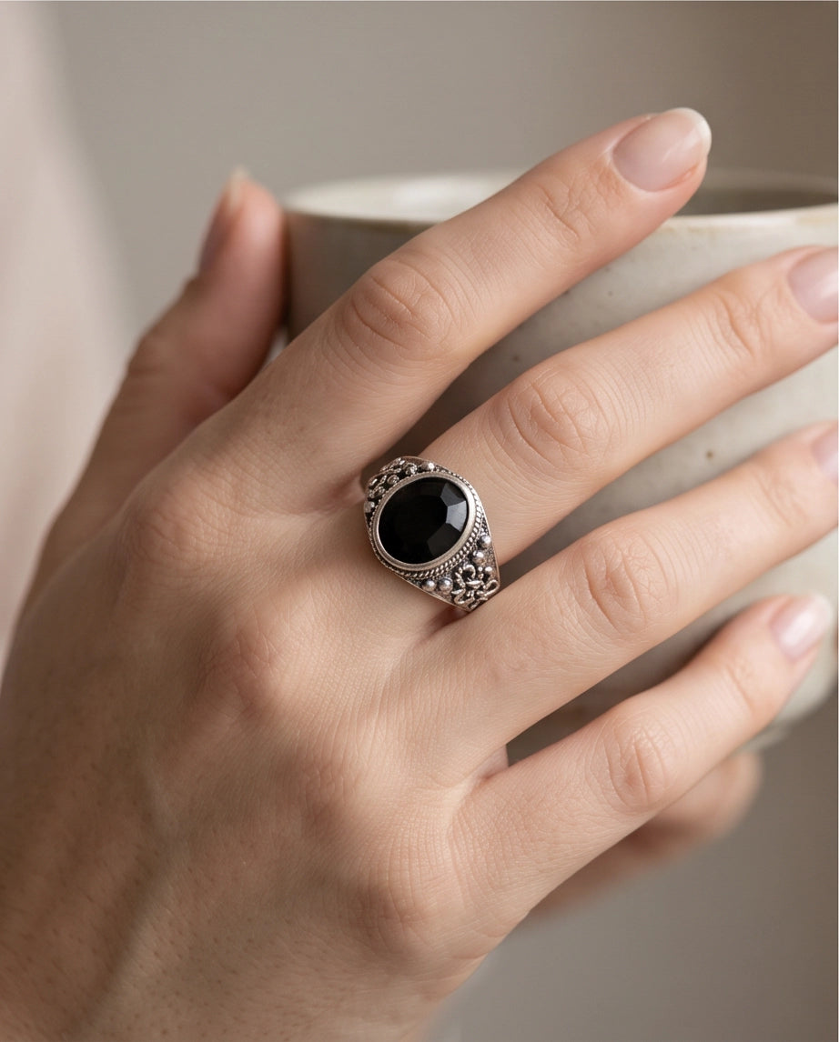 Faceted Oval Onyx-Style Beaded Bezel Filigree Silver Ring