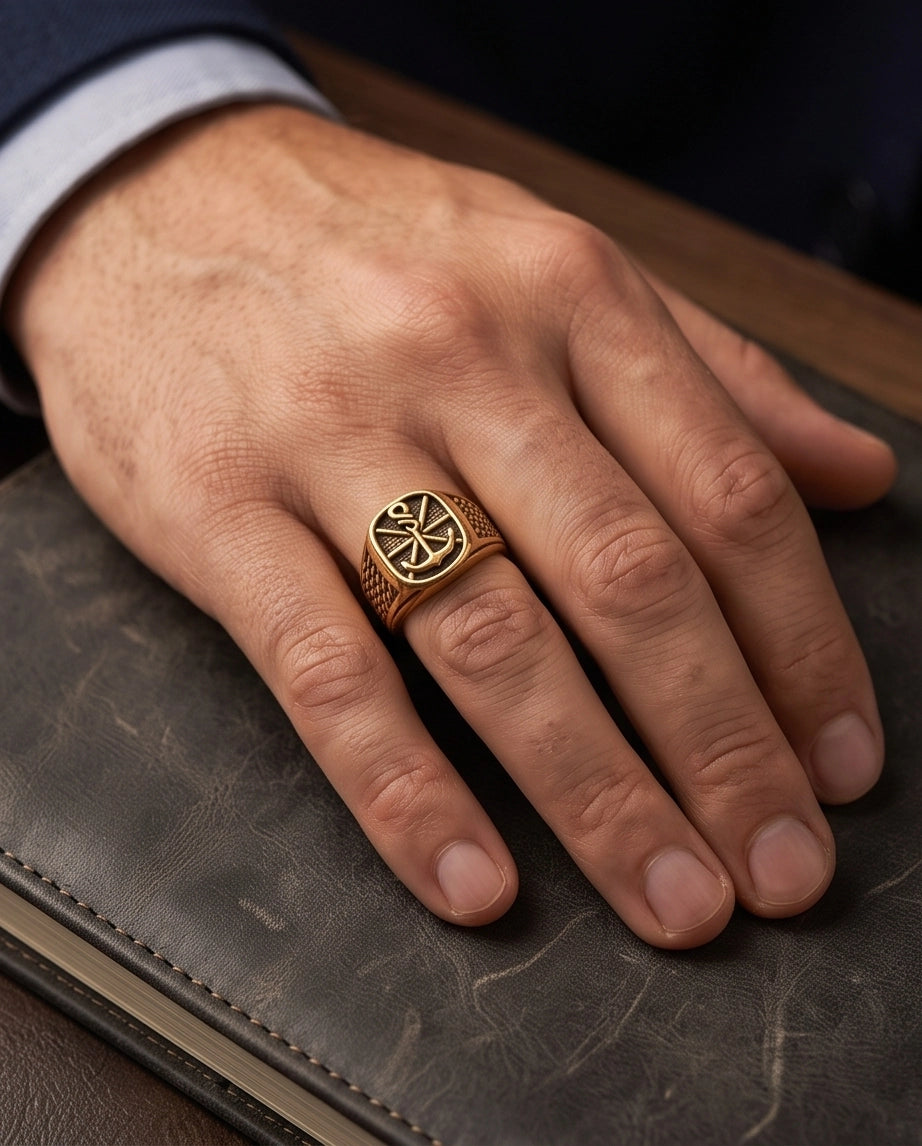 Anchor Sunburst Cushion Gold Signet Ring