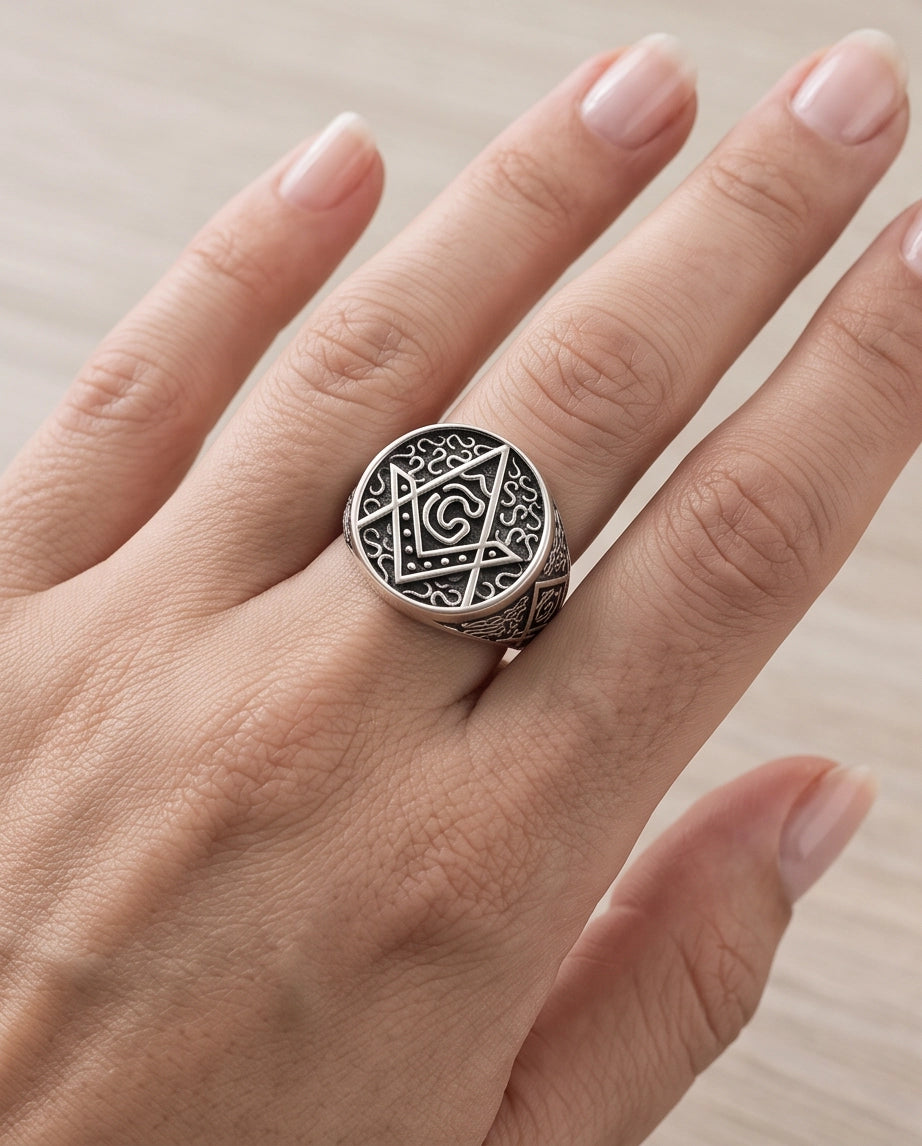 Masonic Scrollwork Oval Signet Silver Ring