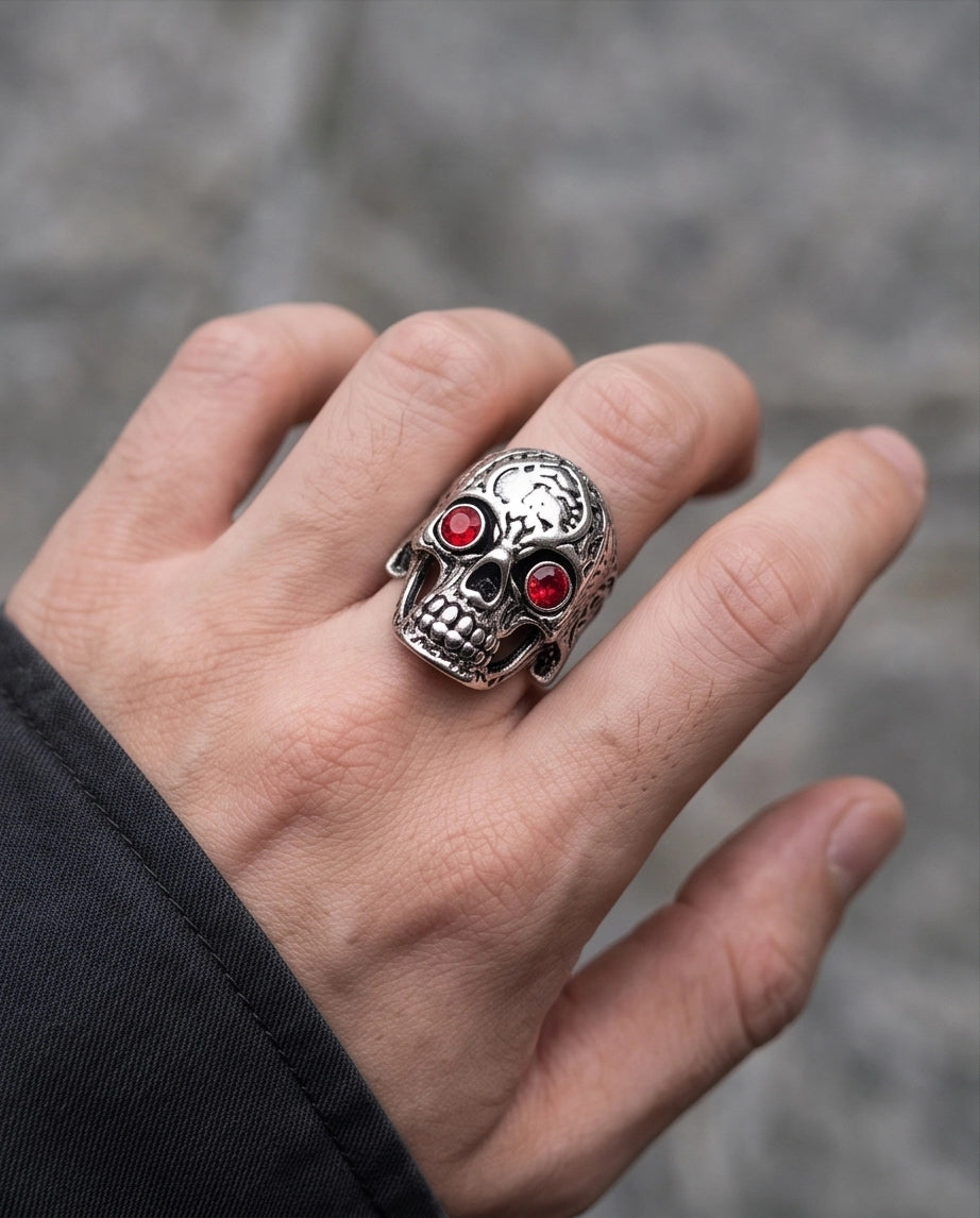 Ruby-Eyed Filigree Skull Ring