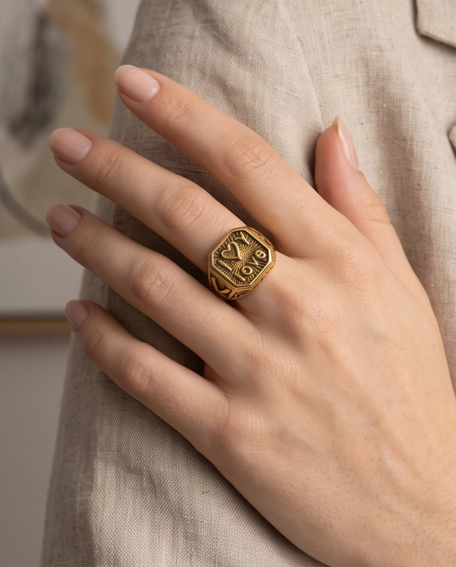 Sunburst "I Love" Gold Signet Ring