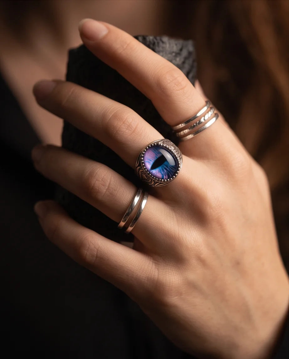 Nebula Slit-Pupil Beaded Silver Ring