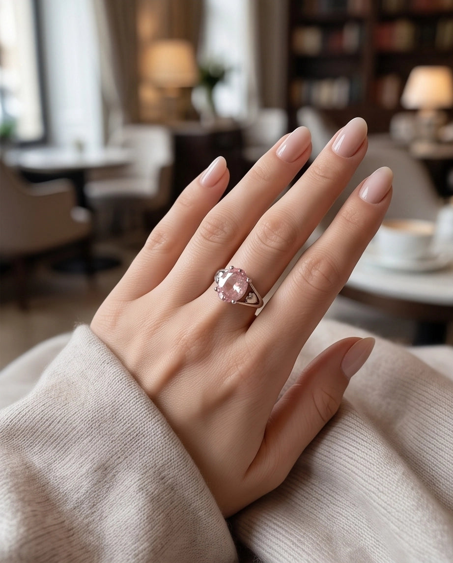 Silver Oval Pink Gemstone Heart Detail Solitaire Ring