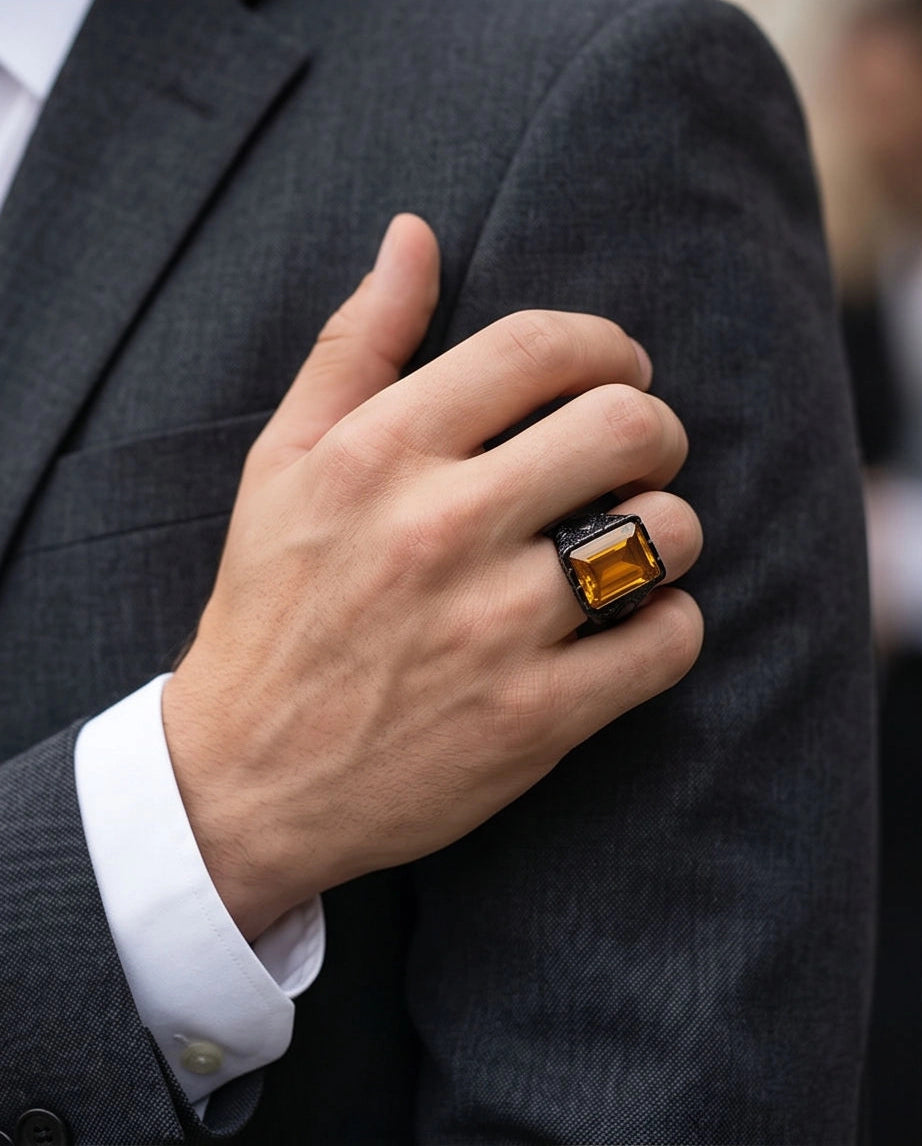 Matte Black Emerald-Cut Amber Citrine Signet Ring