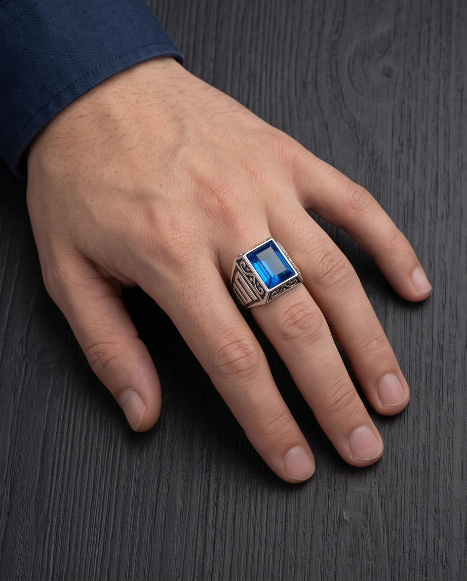Sapphire Gemstone Rectangular Filigree Bezel Silver Ring