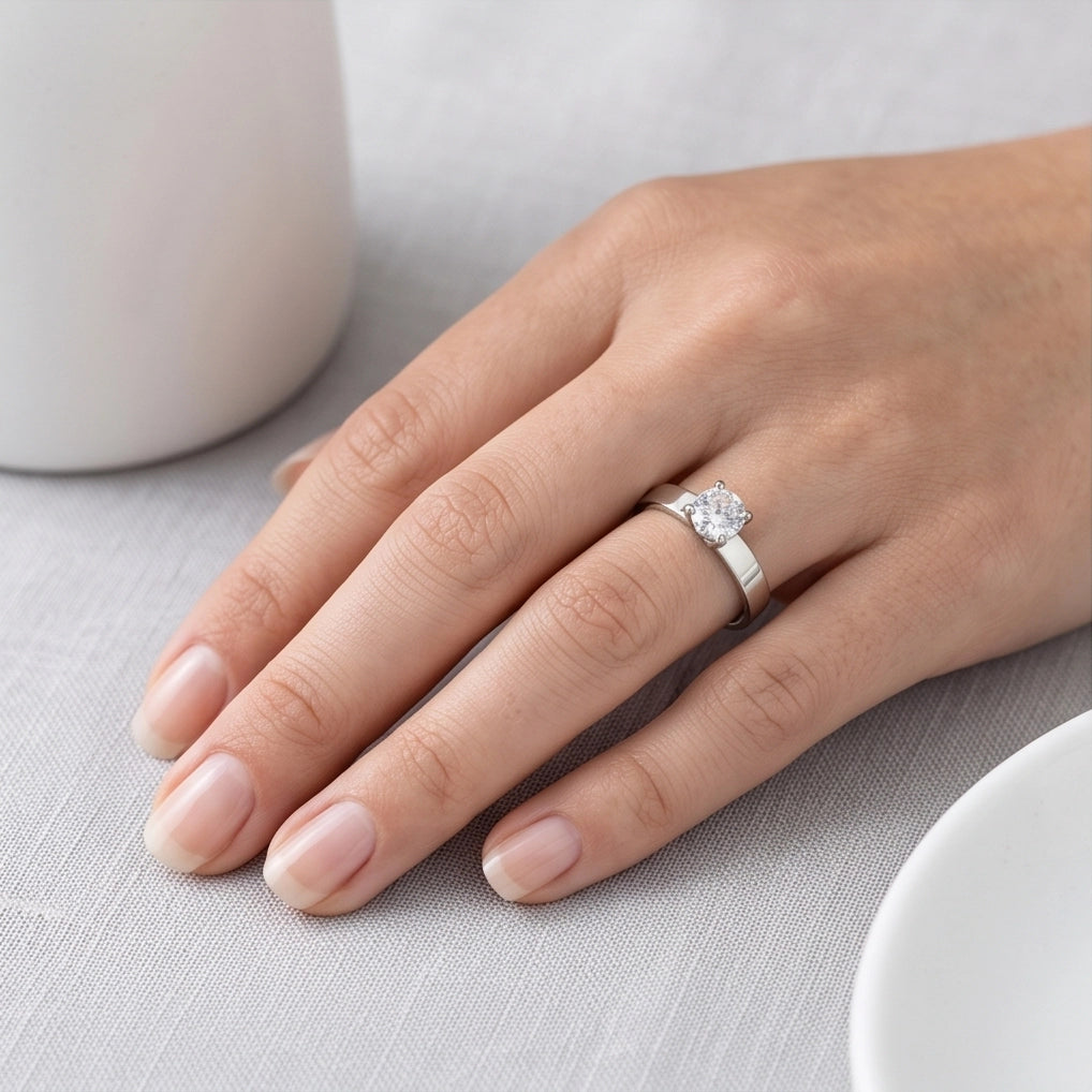Silver Round Gemstone Crown Band Solitaire Ring
