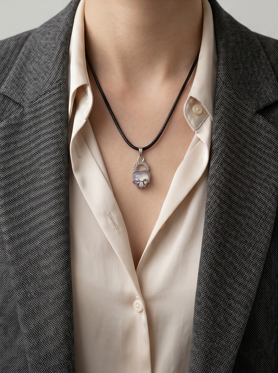 Opalite Heart Bow Lock Pendant Necklace