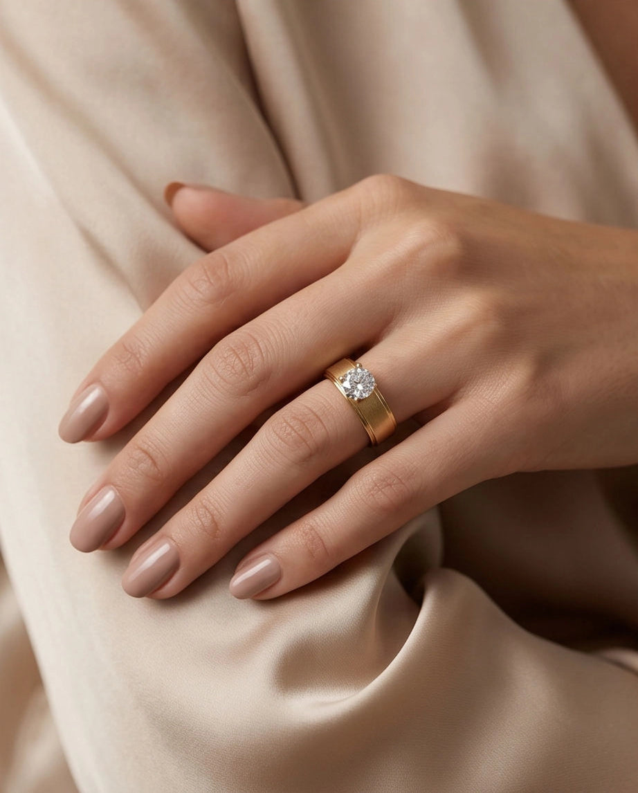 Gold Round Gemstone Brushed Solitaire Ring