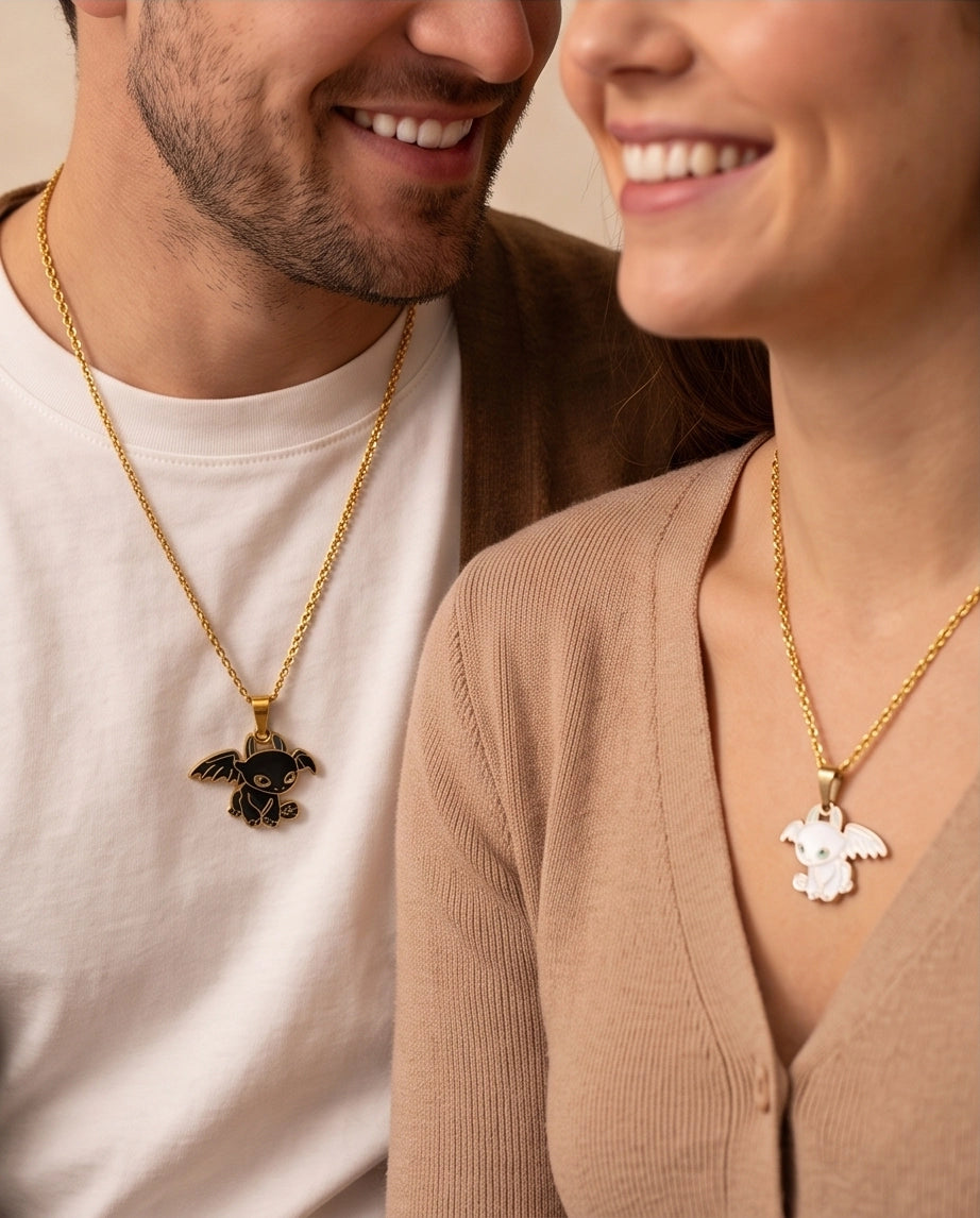 Gold Dragon Couple Enamel Pendant Necklace Set
